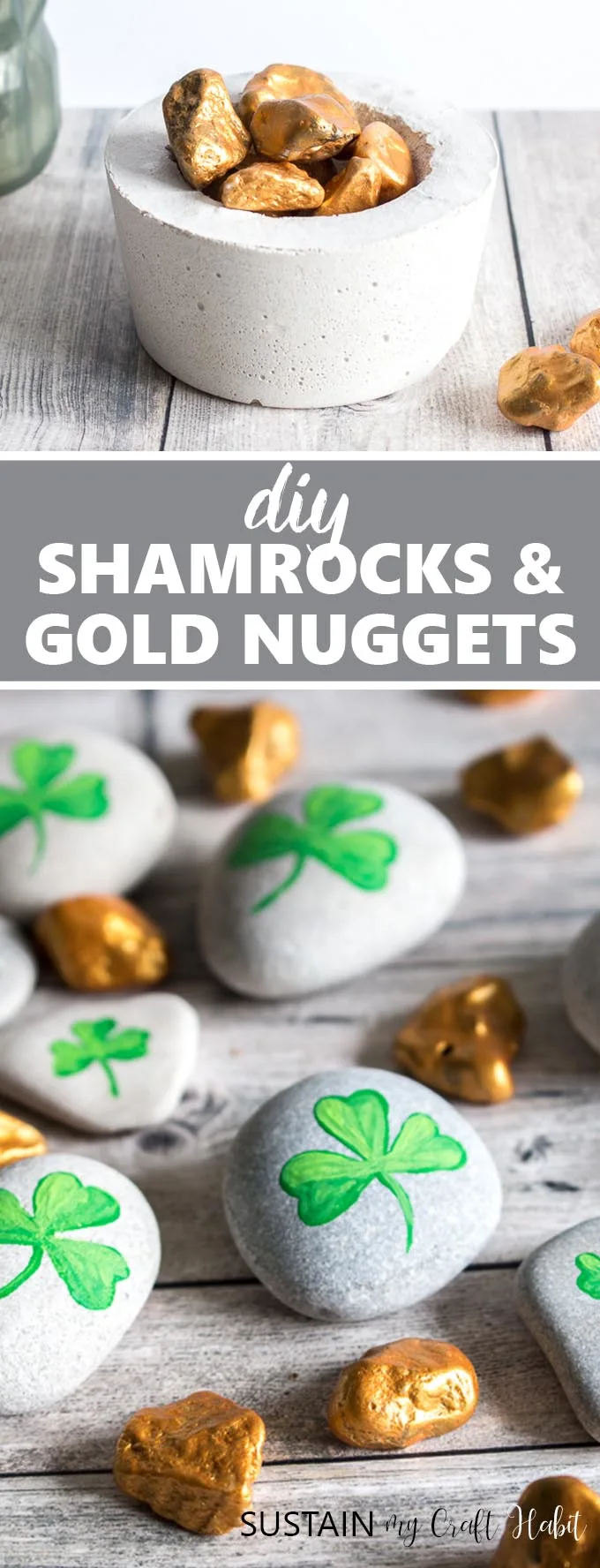 Collage of images showing the completed painted gold nuggets and shamrock stones for St. Patrick's Day.