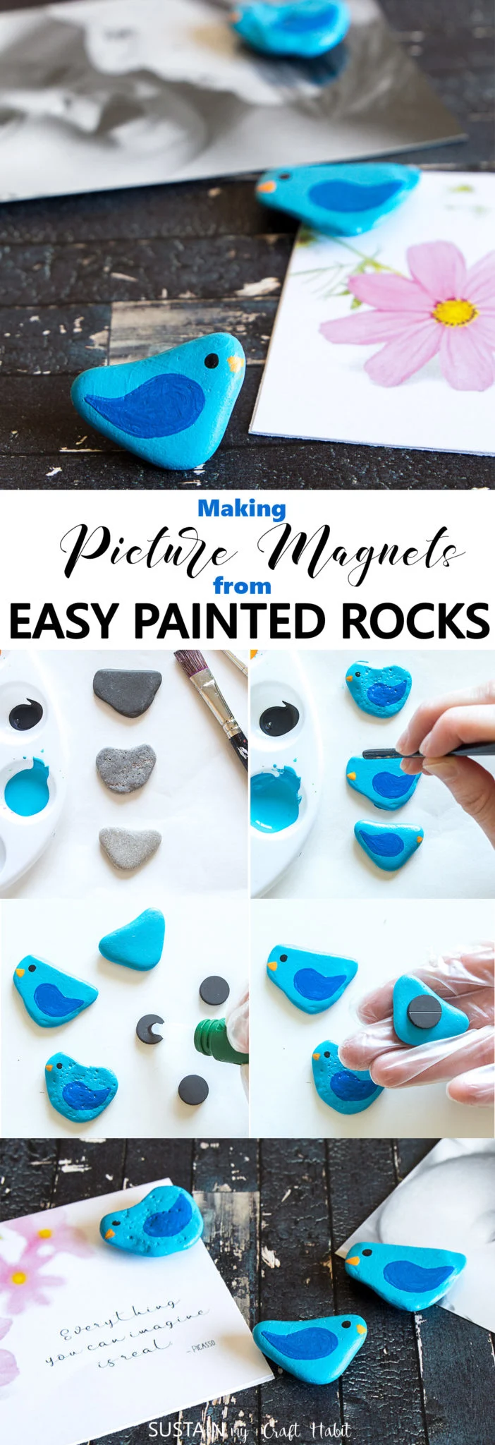 Adorable and easy painted rocks! These little painted rock birds were turned into useful fridge magnets. Pretty spring decor idea! #rockpainting #birds #paintedrocks #springcrafts