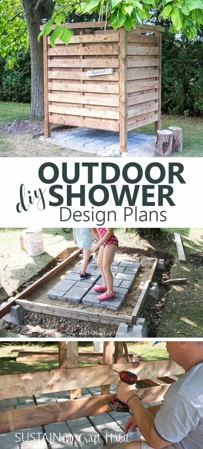 Collage of images with examples of guilding a DIY outdoor shower enclosure.