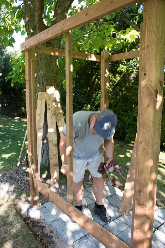 Framing the DIY outdoor shower enclosure.