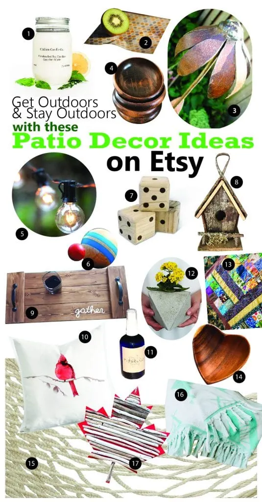 Collage of eco-friendly patio decor ideas on Etsy