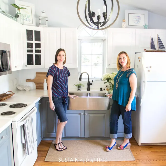 Jane and Sonja of Sustain My Craft Habit standing in a coastal style kitchen