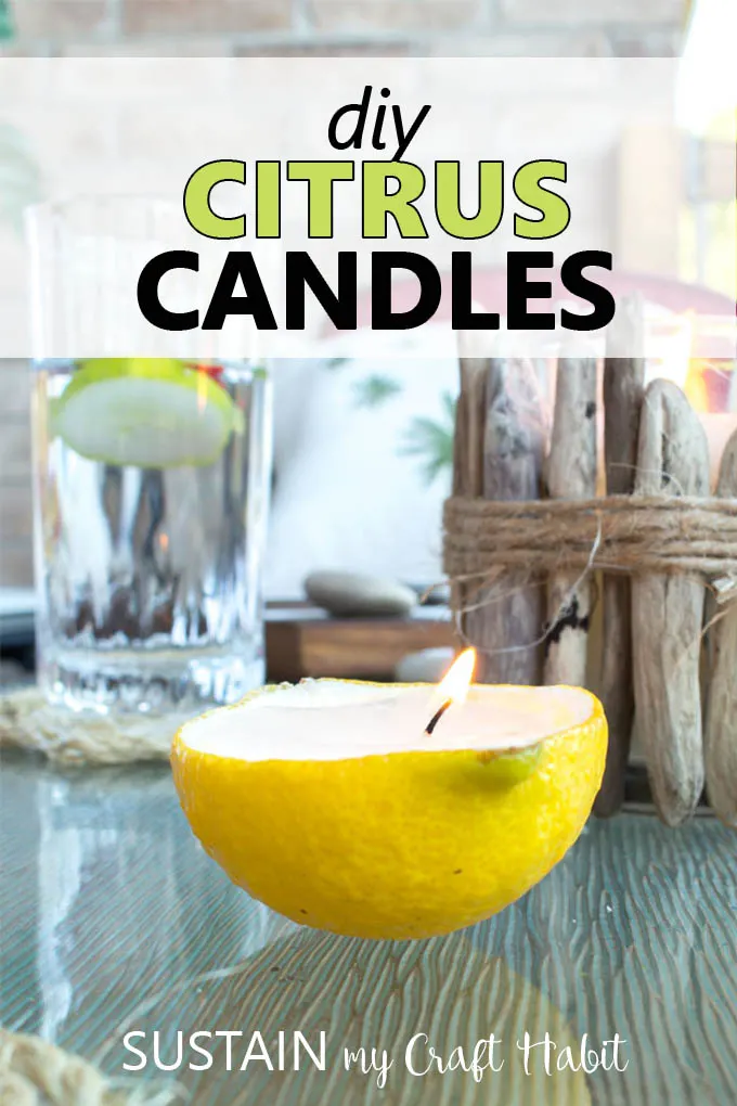 Candle made with a lemon peel on a glass patio table