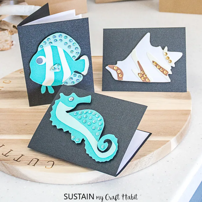 Seahorse, clownfish and conch diy cards