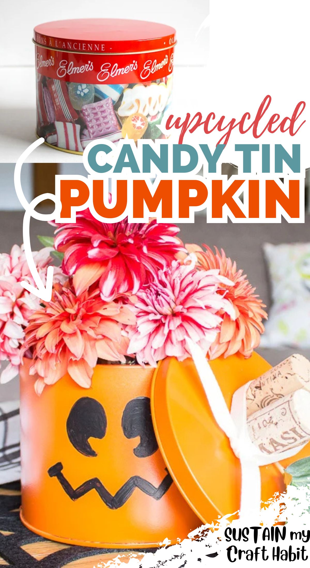 Pre and post images of the upcycled candy tin pumpkin craft.