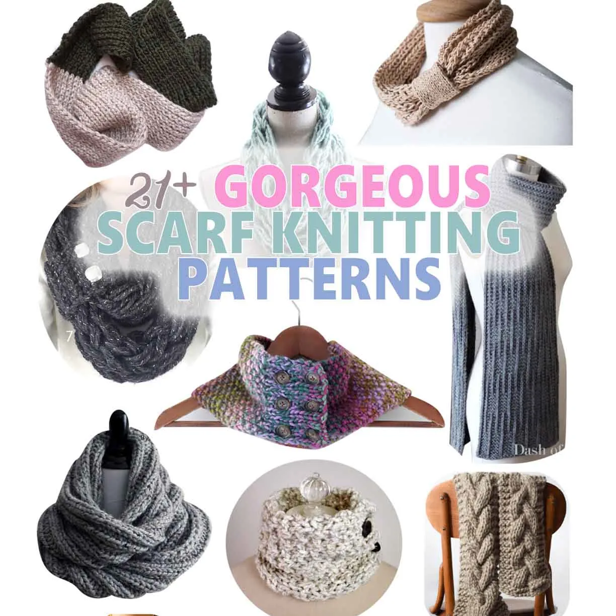 Collage of images showing some of the best scarf knitting patterns around