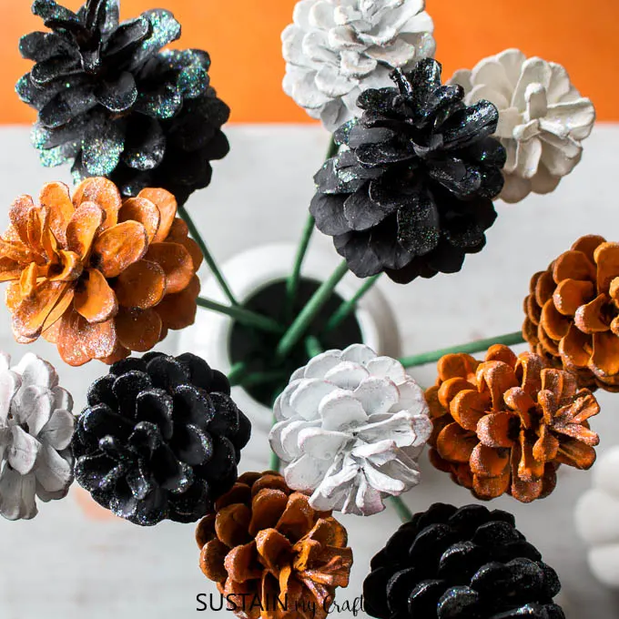 halloween pine cone flowers