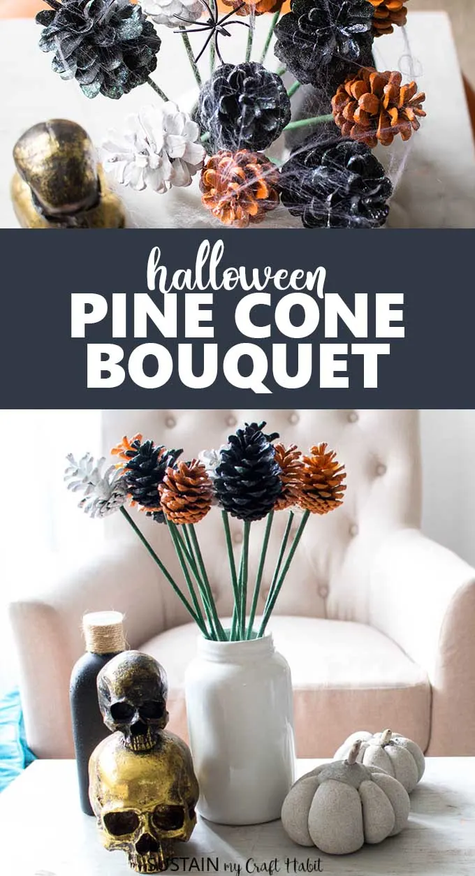 Pine cone fowers in a white farmhouse style vase