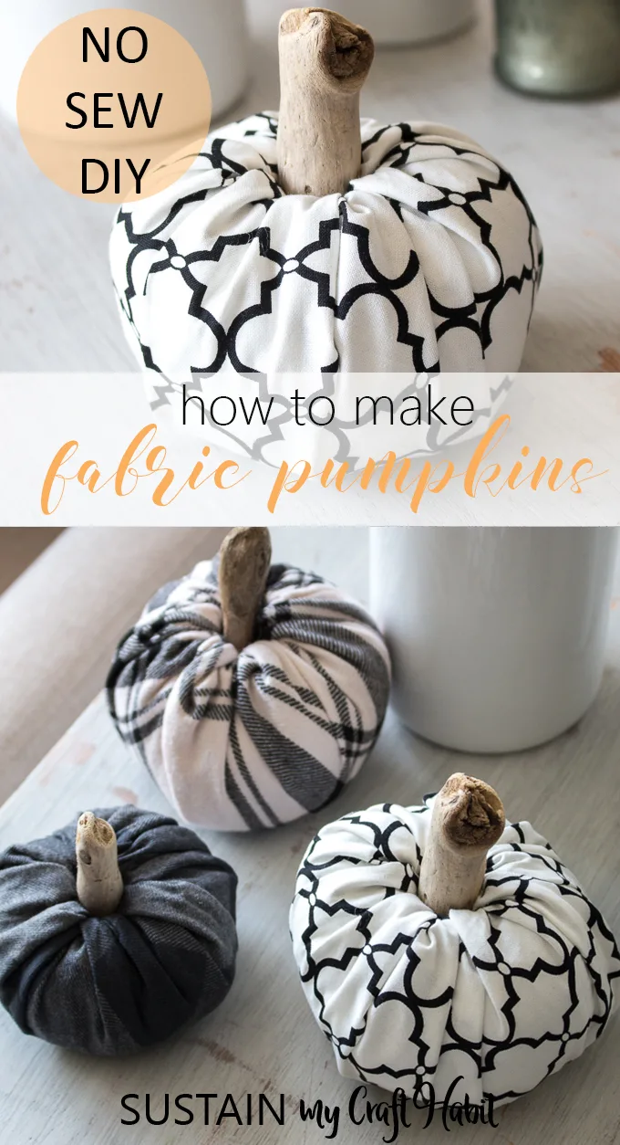 Collage of images showing final no-sew fabric pumpkins in neutral fall flannel patterns.