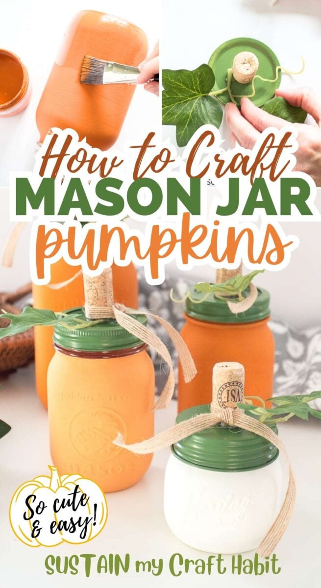 Collage of images of orange and white painted mason jar pumpkins including a few steps of the process.