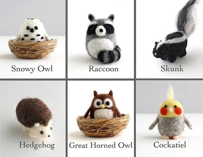 Animal felting kits to make a raccoon, owl, skunk, cockateil and more