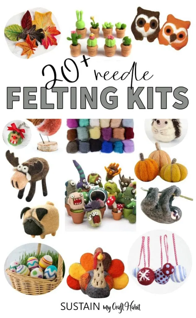 Collage of the cutest wool needle felting kits including a hedgehog, cacti, bird, monsters and more!