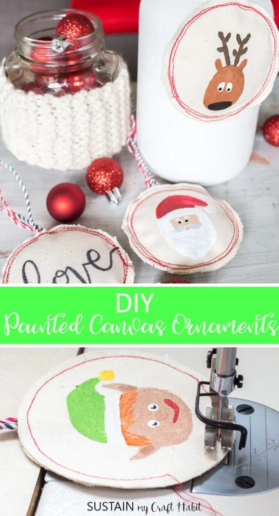 Collage of tutorial for sewing Christmas ornaments with canvas