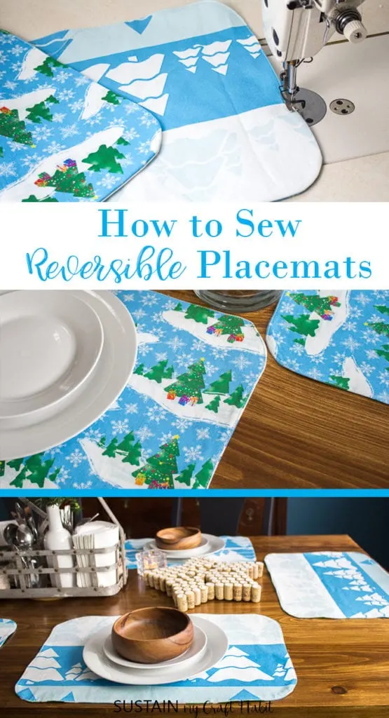 A collage of images showing how to make placemats that are reversible
