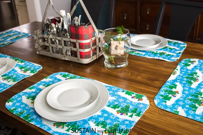 Learn how to sew DIY place mats for a Christmas tablescape
