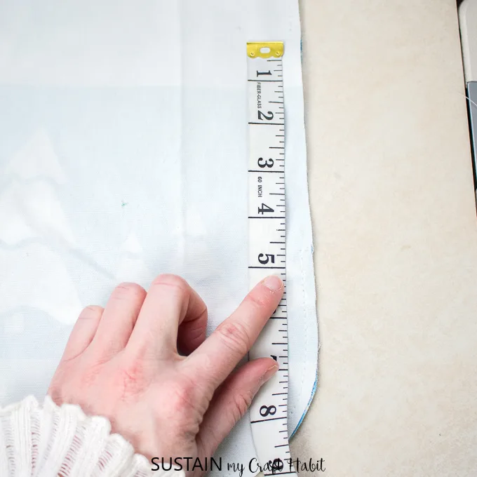 Measurement showing where to stop stitching when making a DIY placemat