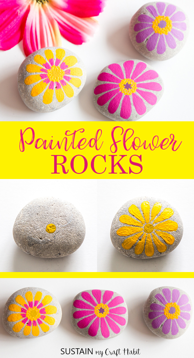 Collage of flower painted rocks including yellow, pink and purple painted zinnias