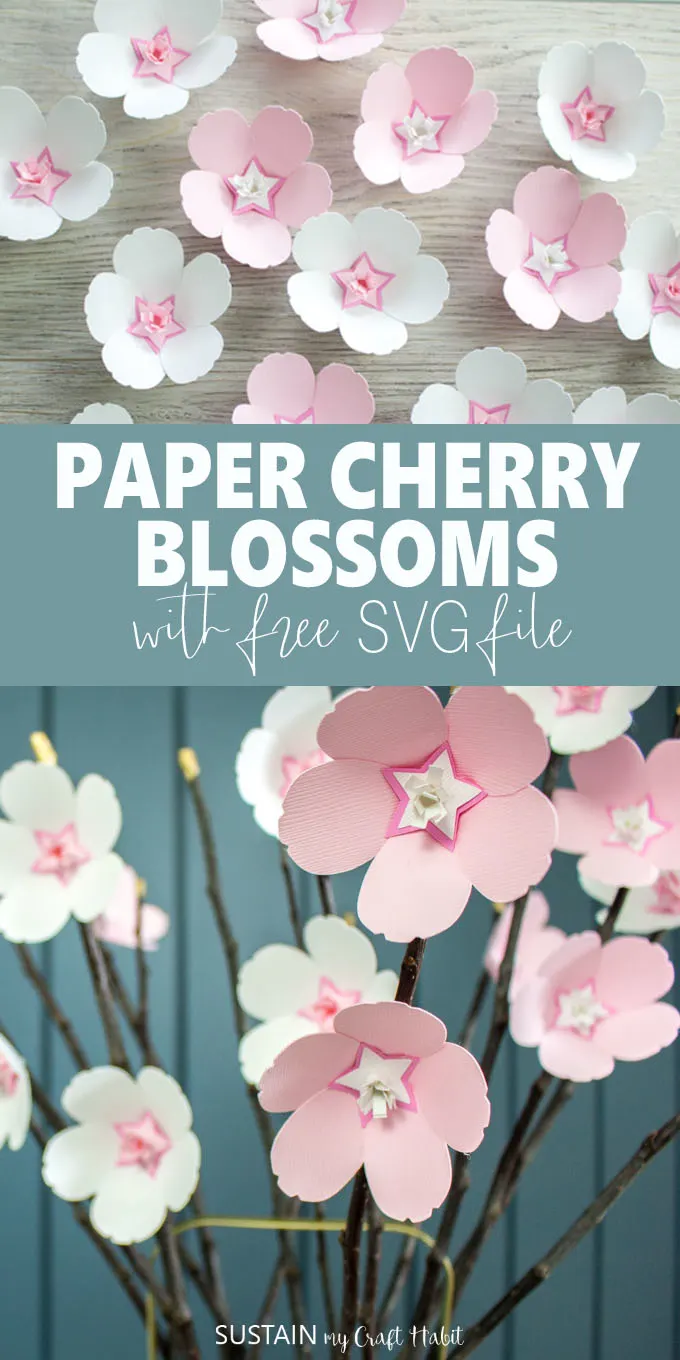 Collage of images showing the cherry blossom paper flowers