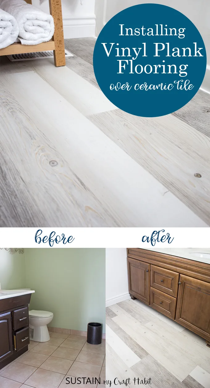 Collage of images demonstrating the process of installing Lifeproof vinyl plank flooring.