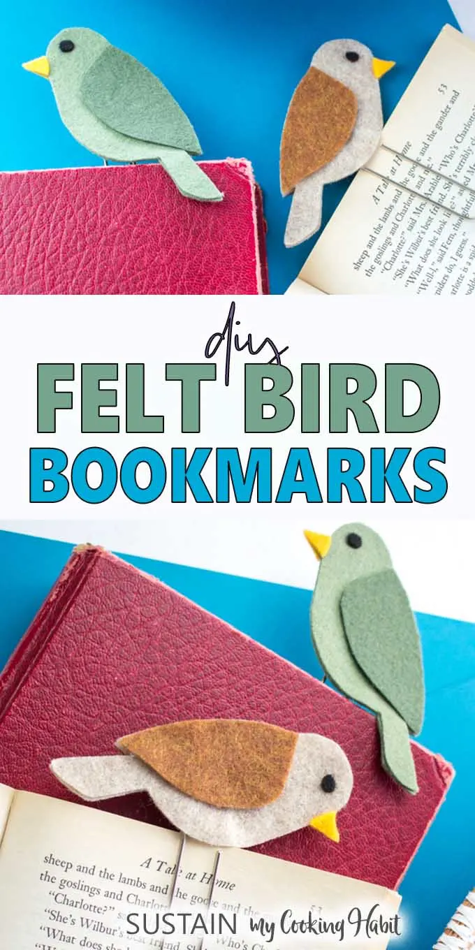 Collage of images showing DIY felt bird bookmarks clipped onto the top of books.
