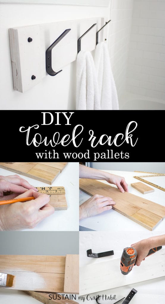 add some rustic farmhouse flare to your bathroom with this white-washed wood pallet DIY towel rack.
