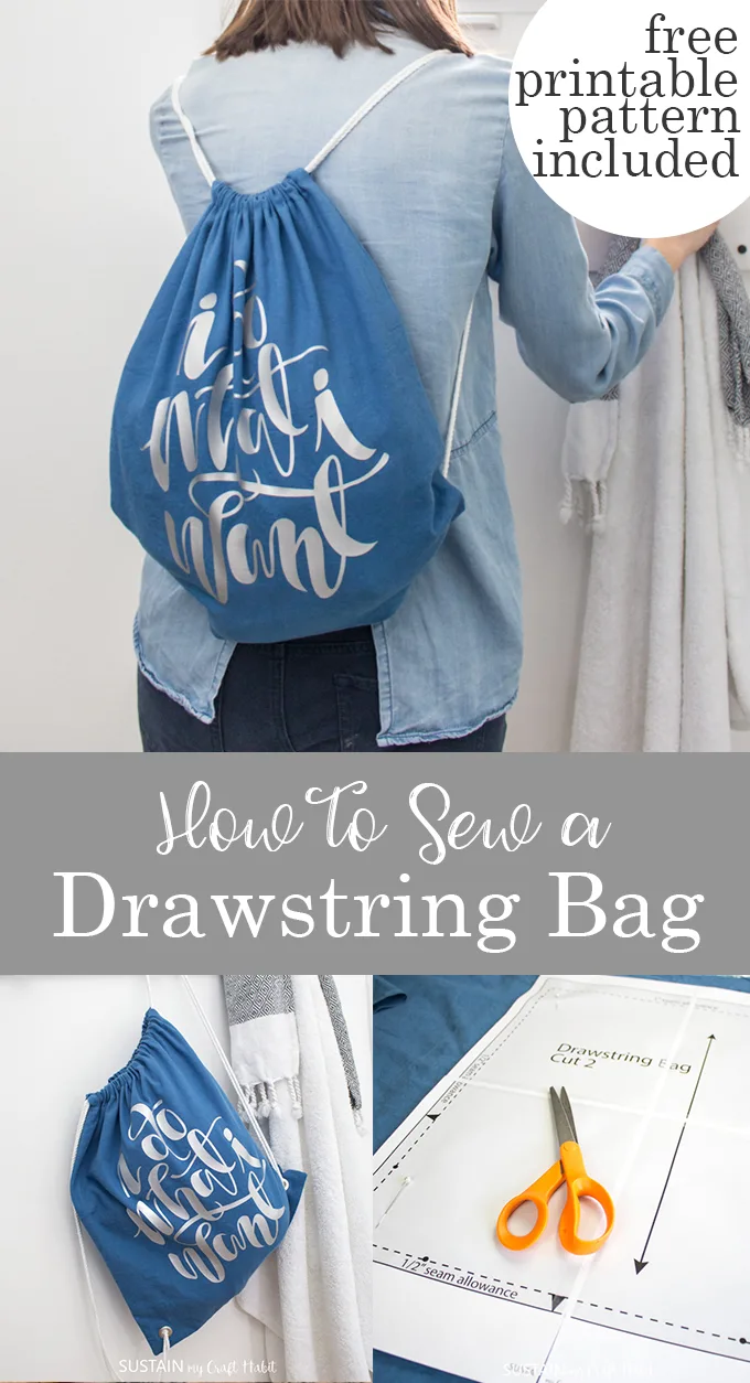 Collage of images showing how to sew a drawstring bag.