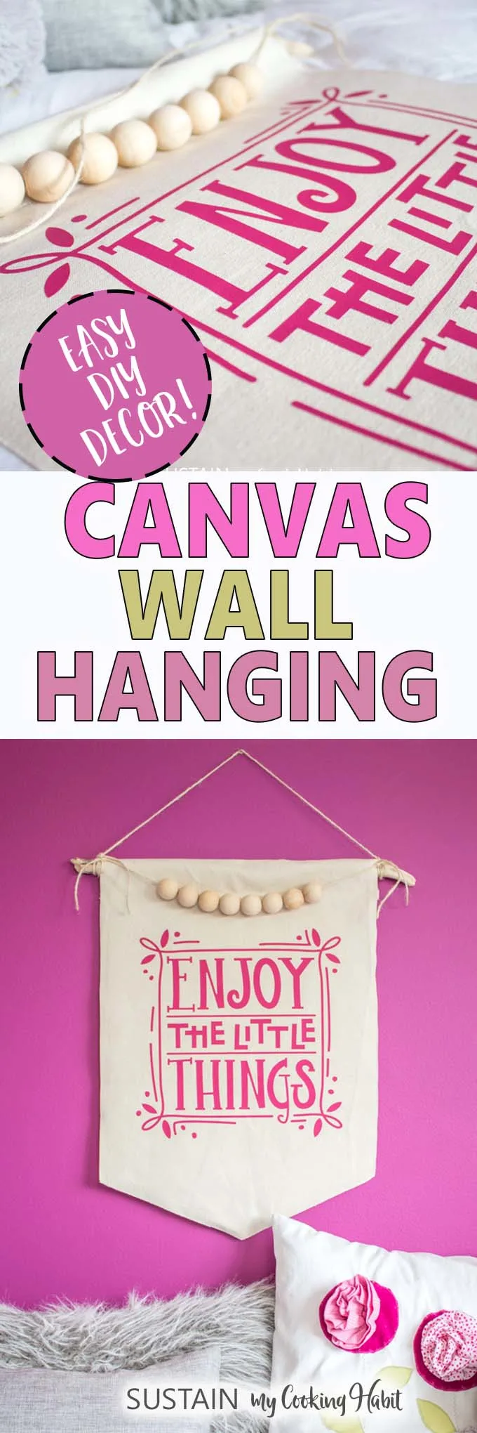 Collage of images showing elements of the DIY canvas wall hanging with iron-on vinyl.