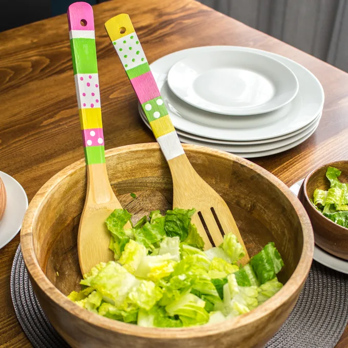 diy colourfully painted wooden salad tongs