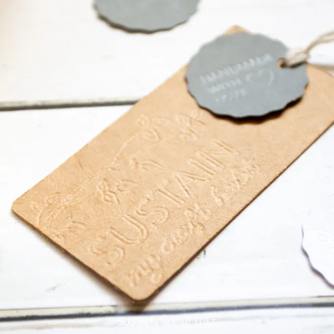 Close up image showing the detail of the debossed DIY product tags.