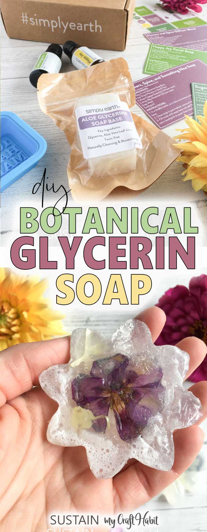 Collage of images including ingredients to make your own glycerin soap with essential oils and a completed soap with embedded flowers.