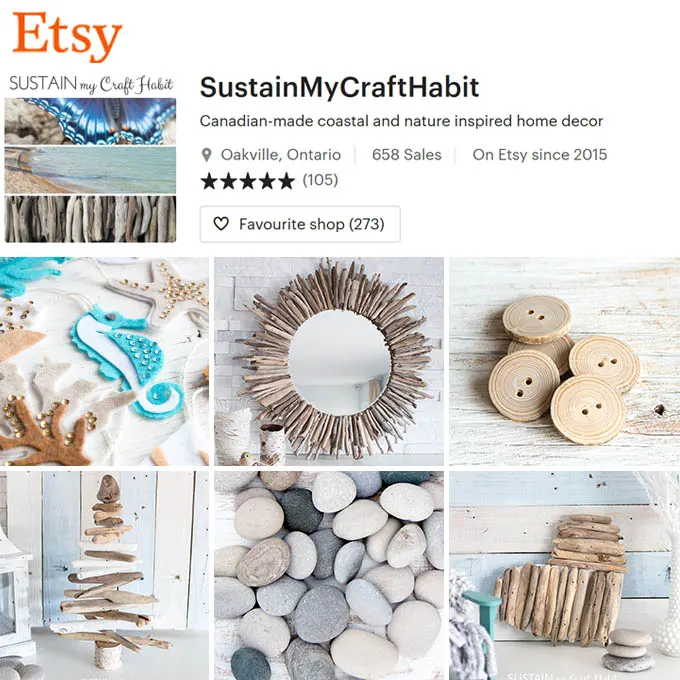 Collage of products available in Sustain My Craft Habit's Etsy Shop including a driftwood mirror, wood buttons, beach stones and more.