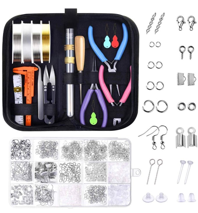 A zipper case filled with tools and a clear plastic container showing jewelry making materials.