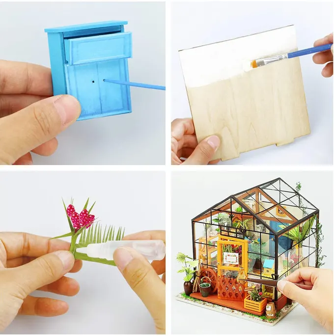 Assembling, painting and gluing small furniture together and placing it into a miniature greenhouse.