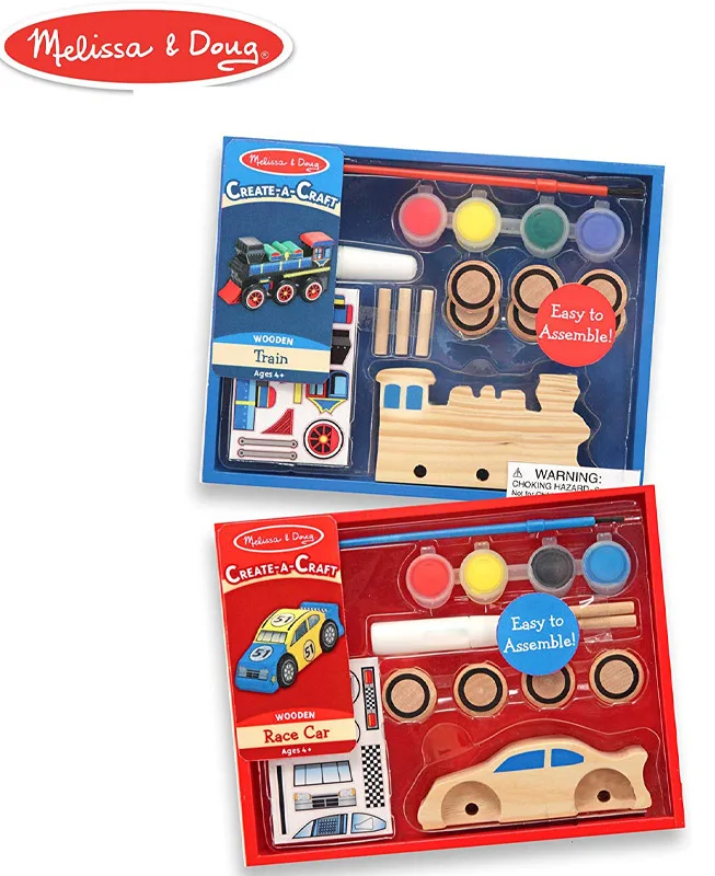 A red and blue coloring kit. the top kit is blue and includes a wooden train, paint brush and paints. The bottom kit is red and includes a wooden train, paint brush and paint.