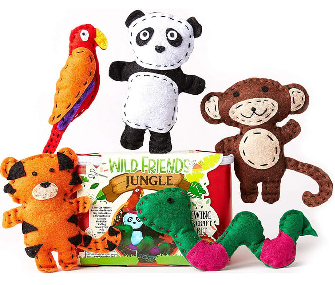 Sewn felt animals, includes a parrot, panda bear, monkey, snake and tiger.