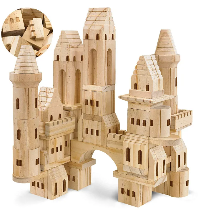Wooden blocks assembled to make a wooden castle.
