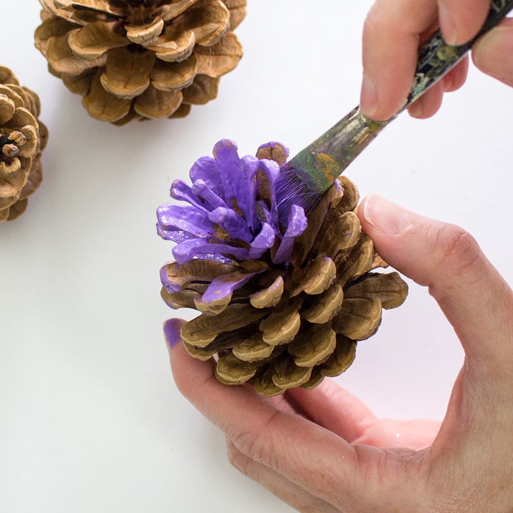 Example of painting a pine cone with lavender acrylic paint.