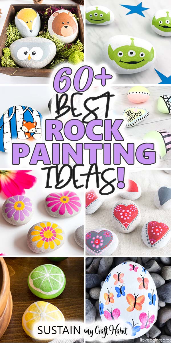 Collage of easy rock painting ideas including painted rock flowers, animals, hearts and more.