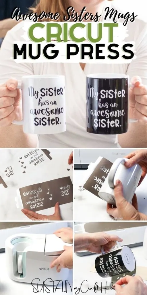 Collage of images showing how to design a pair of mugs for sisters