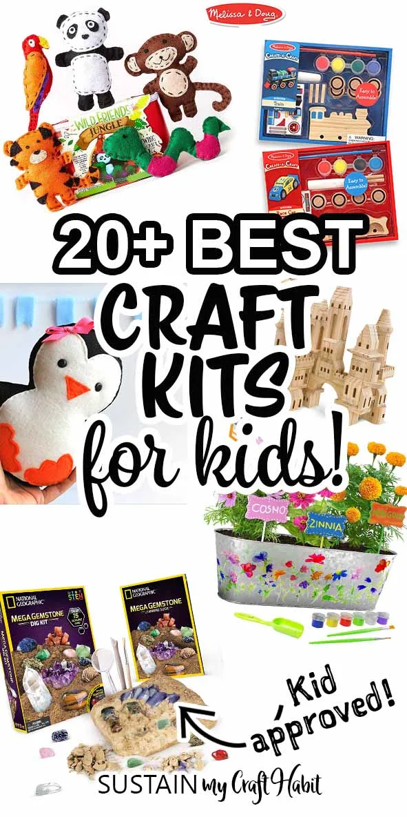 Collage of various creative craft kits for kids.