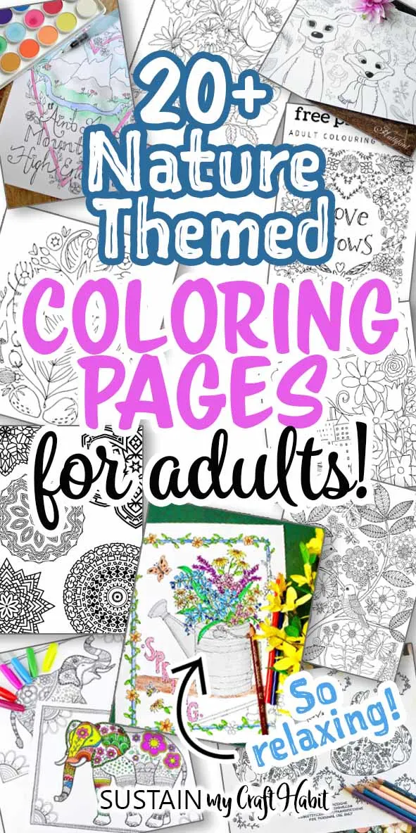 Collage of adult coloring pages with text overlay saying 20 Nature Themed Coloring Pages for Adults.