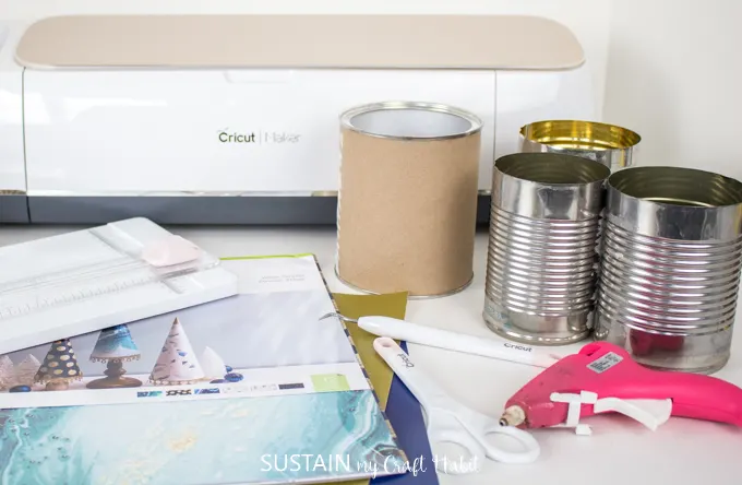 supplies needed to make modern upcycled tin can craft storage
