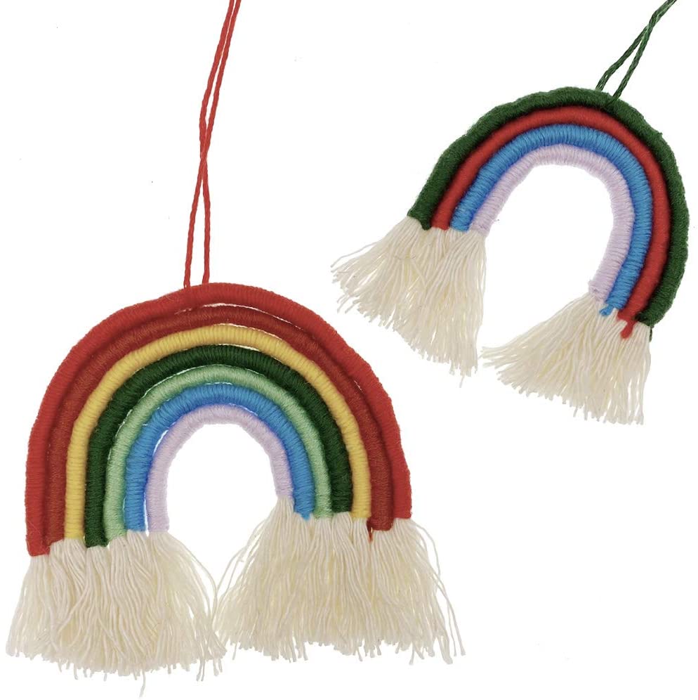 Two completed rainbow macrame wall hangings against a white background.