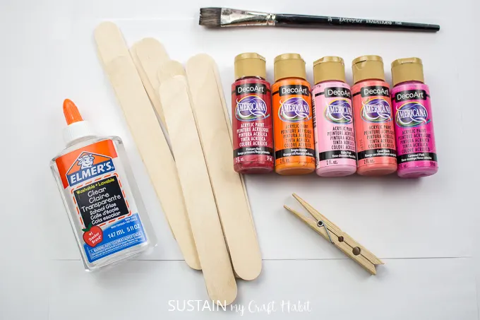 Clear glue, wooden popsicle sticks, a clothes pin, paintbrush and paint bottles.