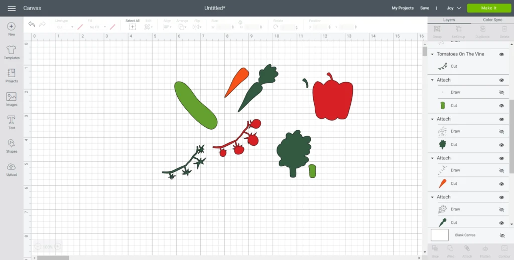 Ungrouping all of the vegetable images in Cricut Design Space.