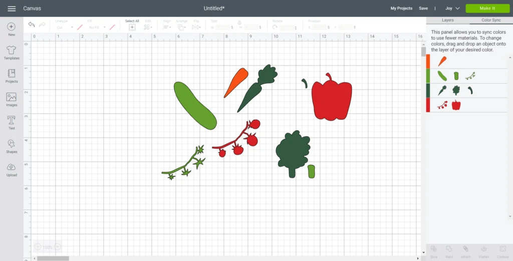 Using the color sync tab to sort each vegetable image by color.