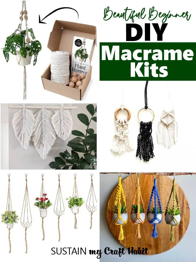 Collage of images showing various macrame kits available for purchase. 