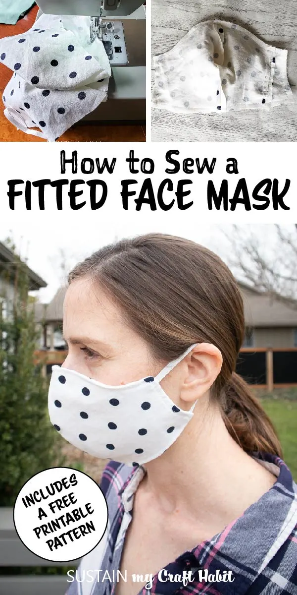 Wearing a polka dot fitted face mask with text overlay "How to sew a fitted face mask."