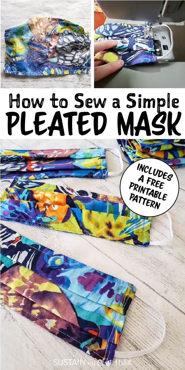 Sewing fabric and finished pleated fabric mask with text overlay.