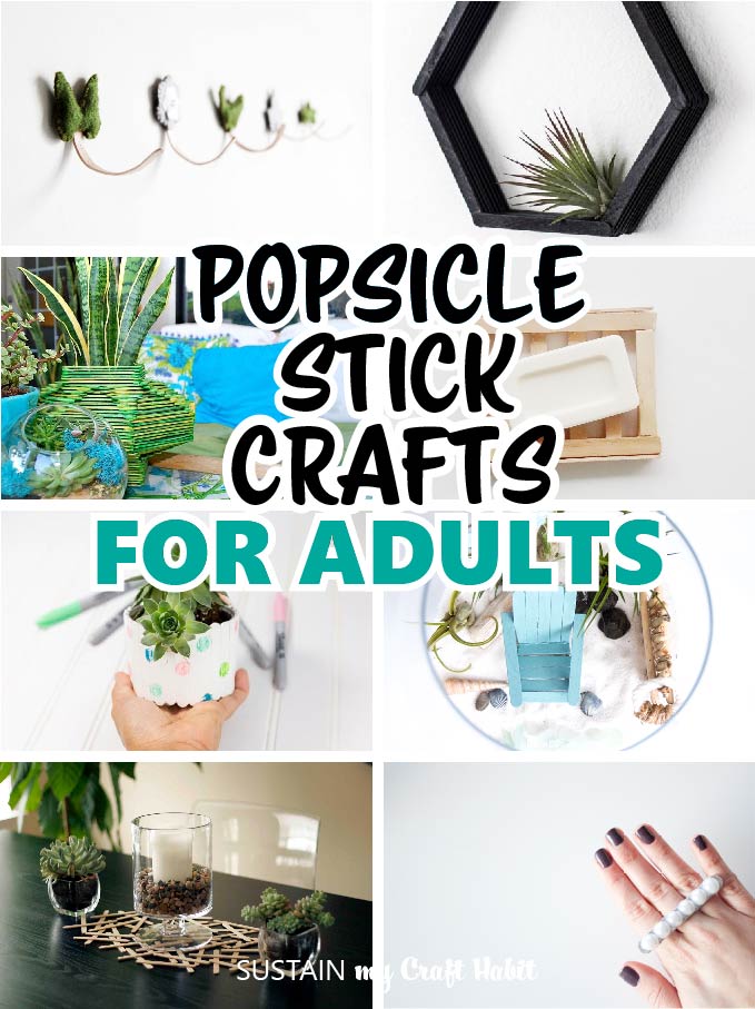 Collage of awesome popsicle stick crafts for adults including decor, gifts and home organization ideas.
